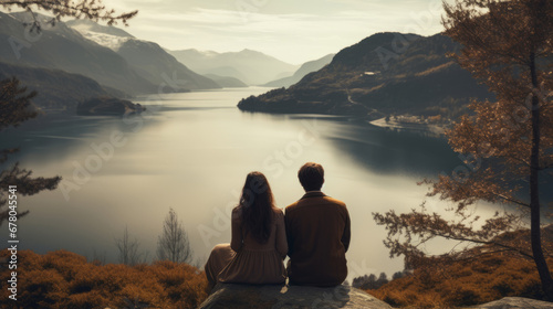 Back view of couple that is standing and looking at a lake in the mountains