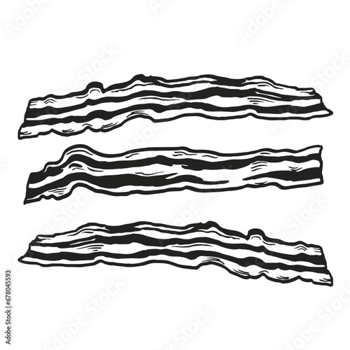 Hand drawn vector sketch of baked fried bacon strips, three grilled strips of crispy bacon for burger, sandwich, black and white illustration, inked illustration isolated on white background