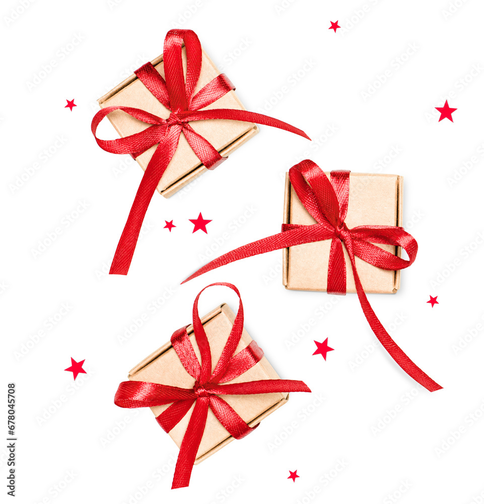three small Christmas gifts and star shaped confetti on a white isolated background three small Christmas gifts and star shaped confetti on a white isolated background