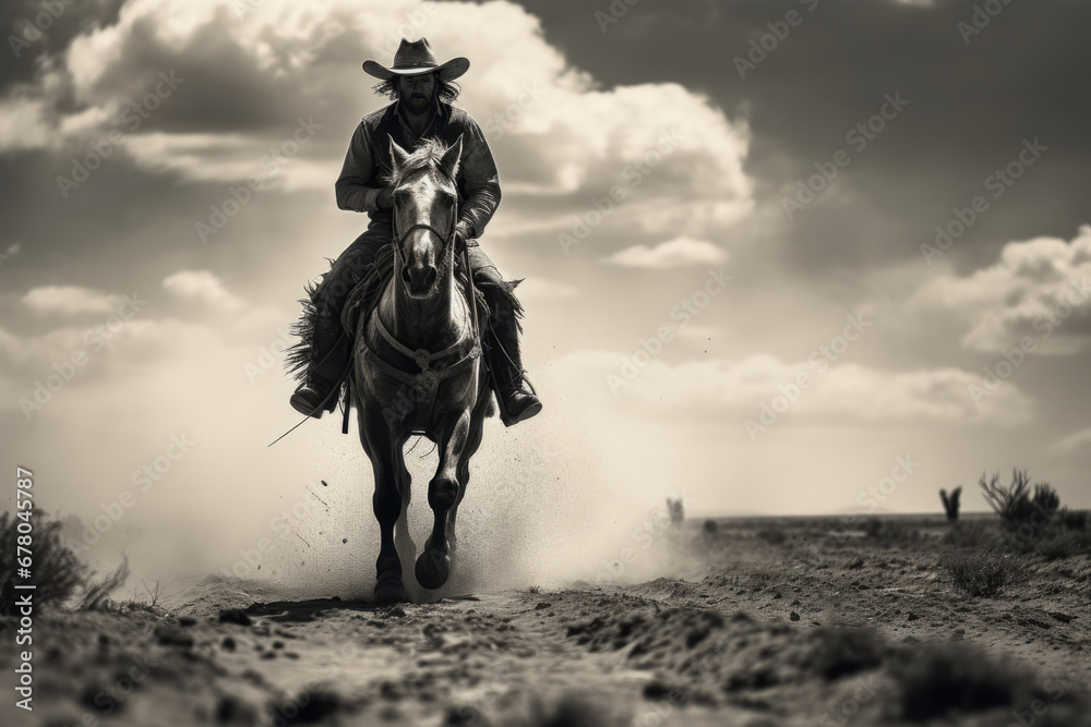 Cowboy rides a horse on a dusty road, old Wild West style Cowboy rides a horse on a dusty road, old Wild West style