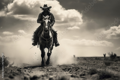Cowboy rides a horse on a dusty road, old Wild West style