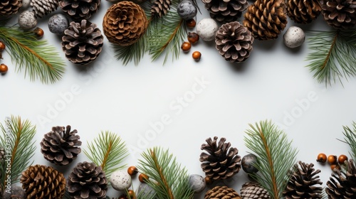 Frame composed of fresh fir branches and pine cones on a white  top view  copy space. AI generate