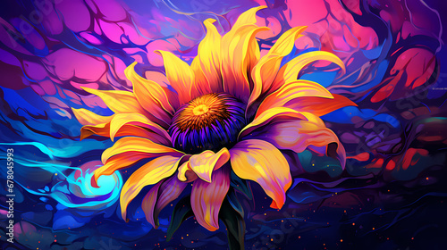 A vibrant  digital art rendering of a sunflower in yellow and orange hues  set against a deep purple  almost celestial background  symbolizing endless energy and the spirit of life