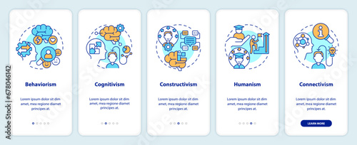 2D icons representing learning theories mobile app screen set. Walkthrough 5 steps multicolor graphic instructions with thin line icons concept, UI, UX, GUI template.