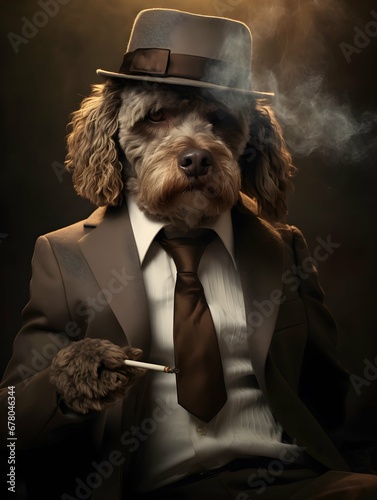 dog dressed in a casual suit with nice tie and ciggar. Fashion portrait of an anthropomorphic animal posing with a charismatic human attitude. Generative AI photo