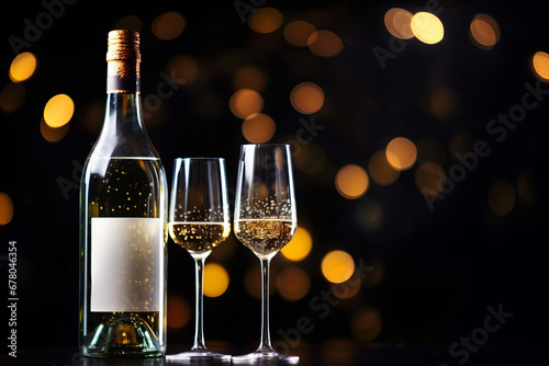 Creative composition of bottle of white wine against blurred background