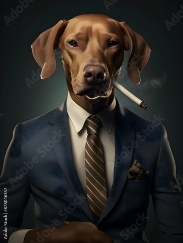 dog dressed in a casual suit with nice tie and ciggar. Fashion portrait of an anthropomorphic animal posing with a charismatic human attitude. Generative AI © PSCL RDL