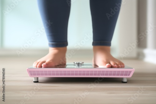 Closeup of woman standing on bathroom scale, monitoring her weight and progress towards fitness goals. Generative AI photo