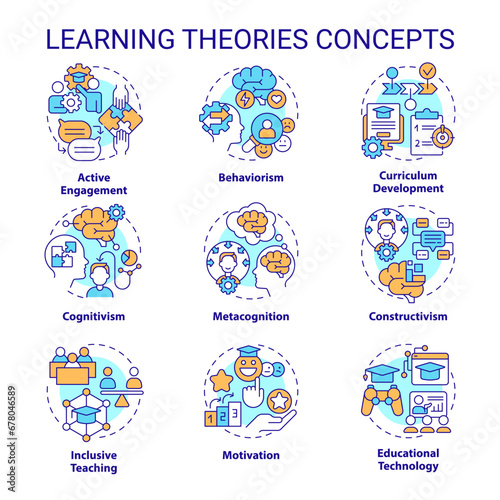 Collection of 2D editable colorful thin line icons representing learning theories, isolated vector, linear illustration.