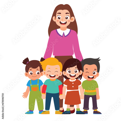 Group of Little Kids Standing with their teacher. happy teacher school kid. Daycare Kid. Classroom lesson learning Activity Isolated Element Objects. Flat Style Icon Vector Illustration