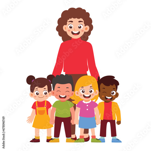 Group of Little Kids Standing with their teacher. happy teacher school kid. Daycare Kid. Classroom lesson learning Activity Isolated Element Objects. Flat Style Icon Vector Illustration