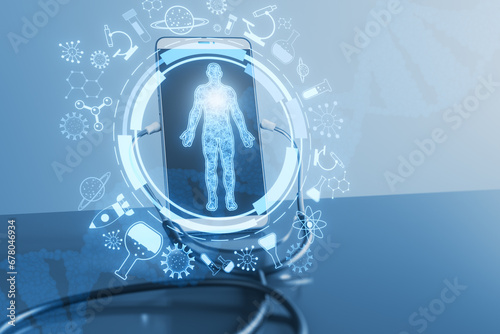 Close up of smartphone with stethoscope and round medical interface with human body outline and healthcare icons on concrete wall background. Telemedicine and innovation concept. 3D Rendering.