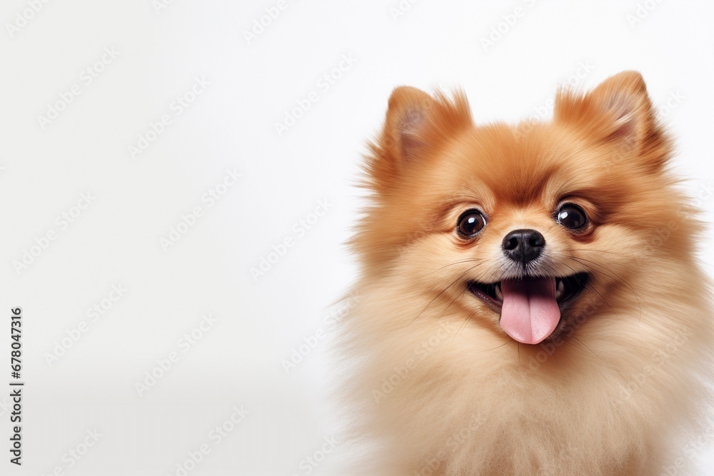 Cute sign with a Pomeranian looking up on a solid white background