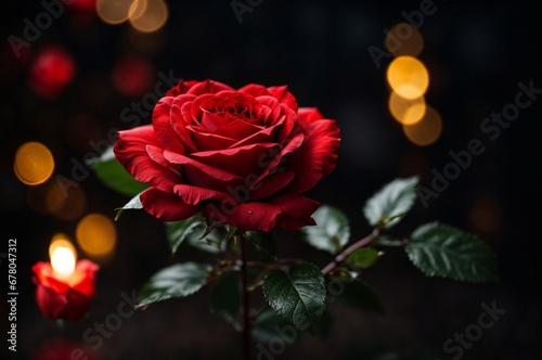 Red rose on dark background with blurred bokeh lights