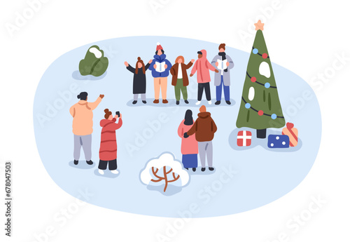 People celebrating winter holidays outdoors. Happy tiny characters gathering ...