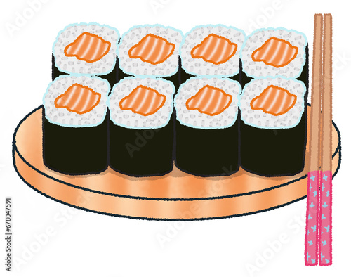 Sushi rolls filled with salmon wrapped in seaweed are placed on a brown plate.
