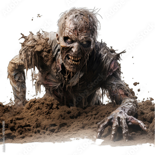 Zombie Emerging from Soil Isolated on Transparent or White Background, PNG