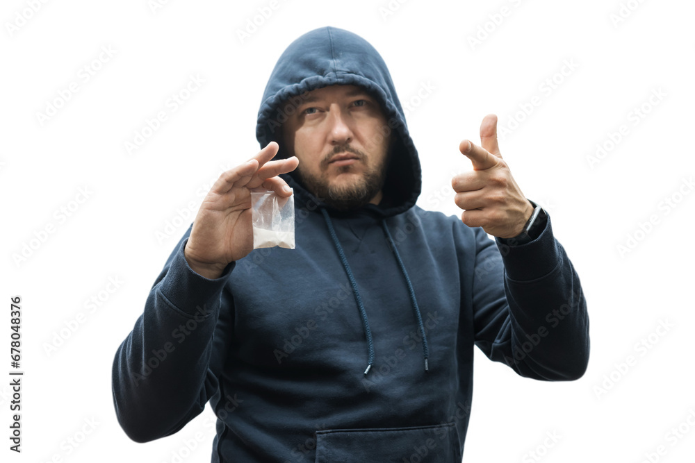 Criminal man in a hood holds transparent plastic bag with white powder hard drugs isolated on transparent background, drug dealer or gangster sells narcotics Criminal man in a hood holds transparent plastic bag with white powder hard drugs isolated on transparent background, drug dealer or gangster sells narcotics