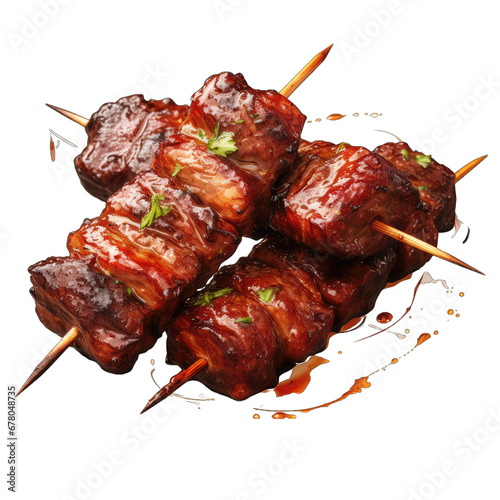 Barbecue Skewers Sizzling with Meat Isolated on Transparent or White Background, PNG