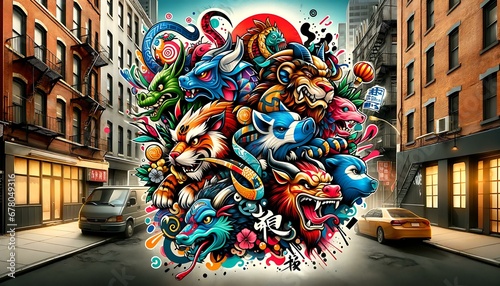 a dynamic street art graffiti style tattoo featuring the 12 Chinese zodiac animals in a vibrant urban art composition with bold colors and tags