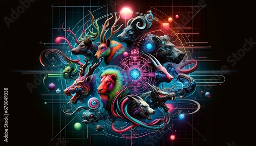 a surreal digital art style tattoo with the 12 Chinese zodiac animals in a futuristic, abstract composition with digital elements and neon colors