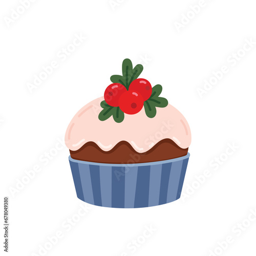 Christmas pastry cupcake or muffin decorated with confectionery glaze  red berries and green twigs. Holiday sweet sugar dessert. Flat vector illustration isolated on white background