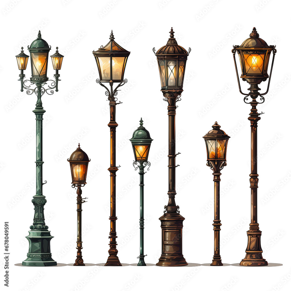 Lamp Post Set Isolated on Transparent or White Background, PNG