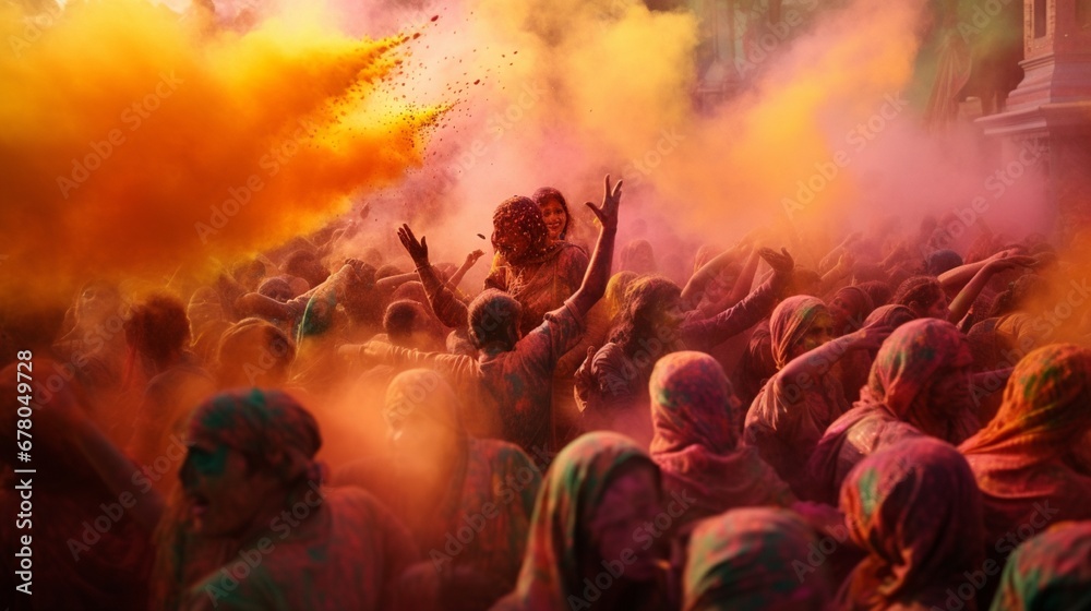 A vibrant and energetic scene of people celebrating Holi, with colorful powders in the air, participants dancing and laughing, captured in the midst of joyful chaos