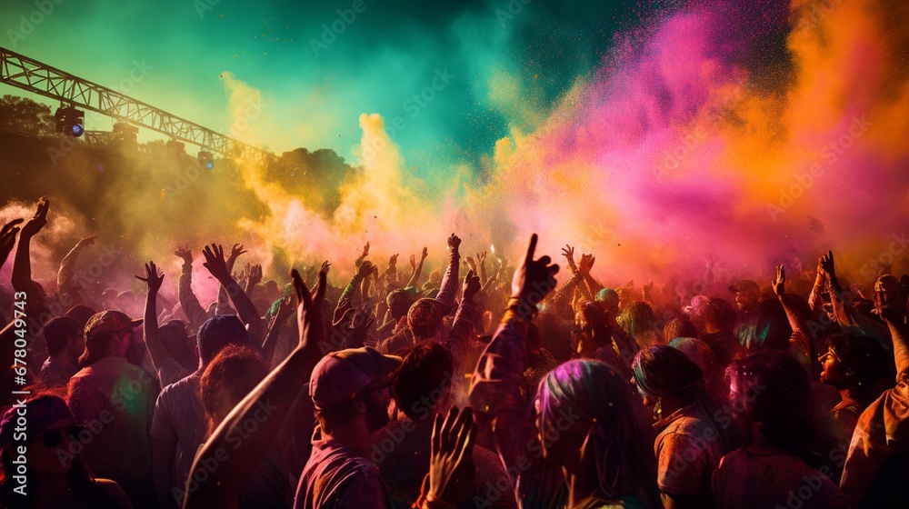 A vibrant and energetic scene of people celebrating Holi, with colorful powders in the air, participants dancing and laughing, captured in the midst of joyful chaos