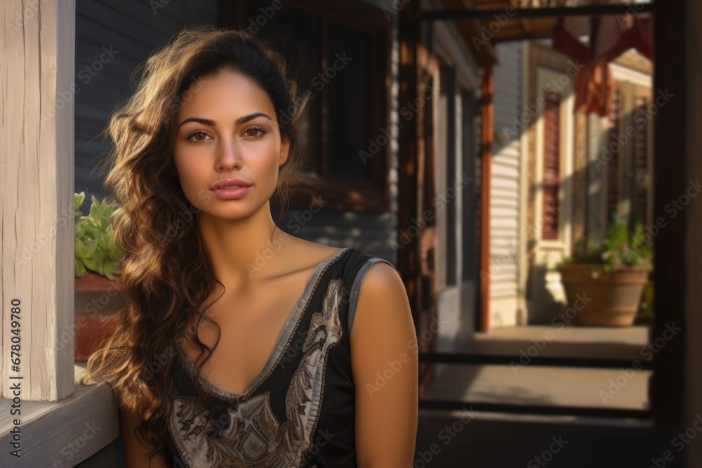 Outdoor close up portrait of young beautiful woman with natural, freckled skin, looking at camera, posing in street. Copy, empty space Outdoor close up portrait of young beautiful woman with natural, freckled skin, looking at camera, posing in street. Copy, empty space