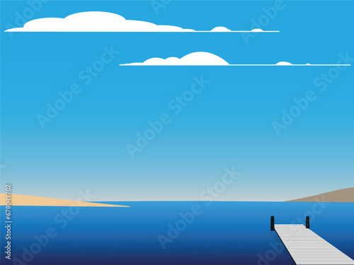 Retro Mediterranean, landscape sea vacation Europe. Mountaines, harbor, sailboat, sunset. Travel holiday summer voyage. Vintage style vector illustration
