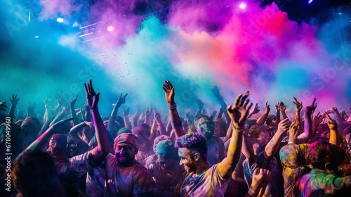 A vibrant Holi celebration with people joyfully throwing colored powders in the air, creating a kaleidoscope of colors
