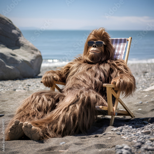 Sasquatch laying in a chair on the beach while wearing sunglasses. Generative ai. 