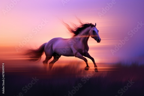 A galloping stallion with motion blur in an evening sky background