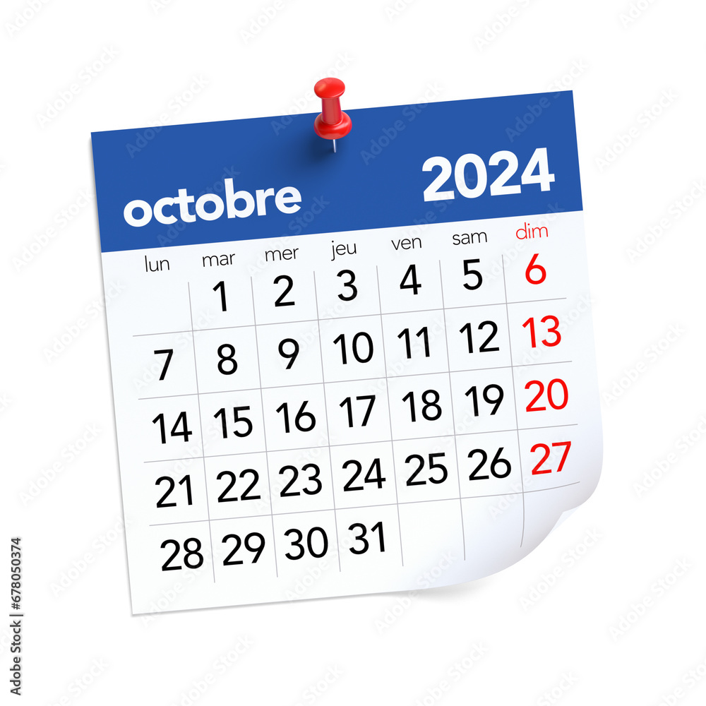 October Calendar 2024 in French Language. Isolated on White Background