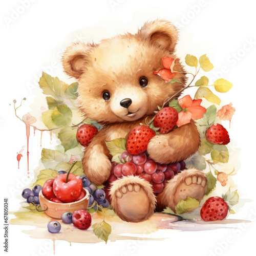 Bear flower and fruits Illustration, Generative Ai © Creative Artist