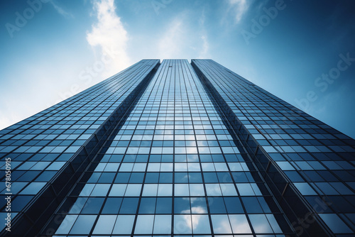 Low angle shot of a tall high-rise modern business building with a clear sky, aesthetic look