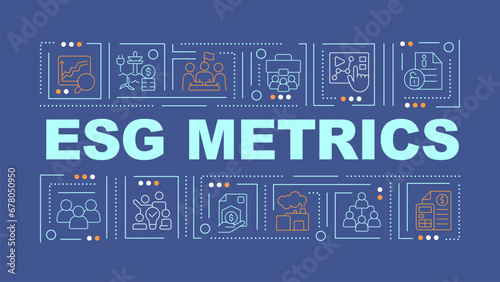 2D ESG metrics text with various thin line icons concept on dark blue monochromatic background, editable 2D vector illustration.