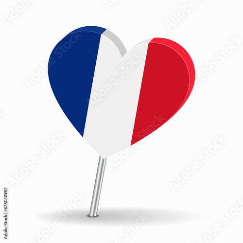 French flag heart-shaped map pointer layout. Vector illustration.