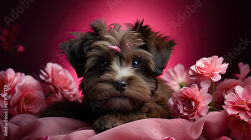 Shih Tzu Dog Laying in Bunches of Flowers with Dark Pink and Brown Hues - Generative AI