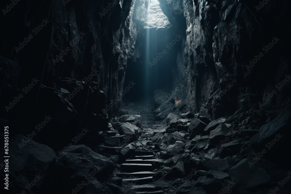 Low angle shot of the exit of a dark cave, aesthetic look - obrazy, fototapety, plakaty 