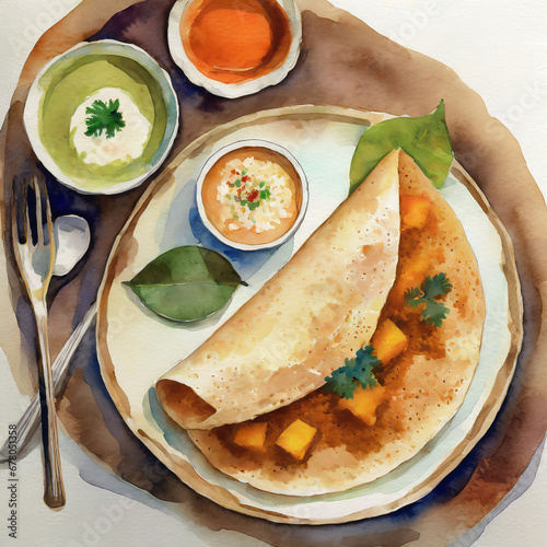 top view of Indian masala dosa features a crispy fermented rice crepe filled with spiced potatoes, served with coconut chutney and tangy sambar, representing the South Indian culinary tra photo