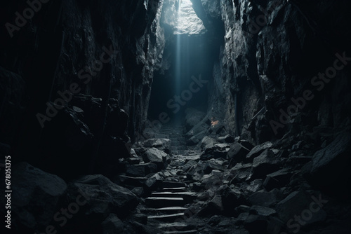 Low angle shot of the exit of a dark cave, aesthetic look photo