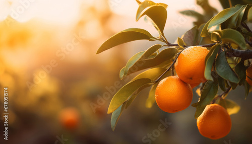 Citrus branches with organic ripe fresh oranges tangerines growing on branches with green leaves in sunny fruiting garden. photo