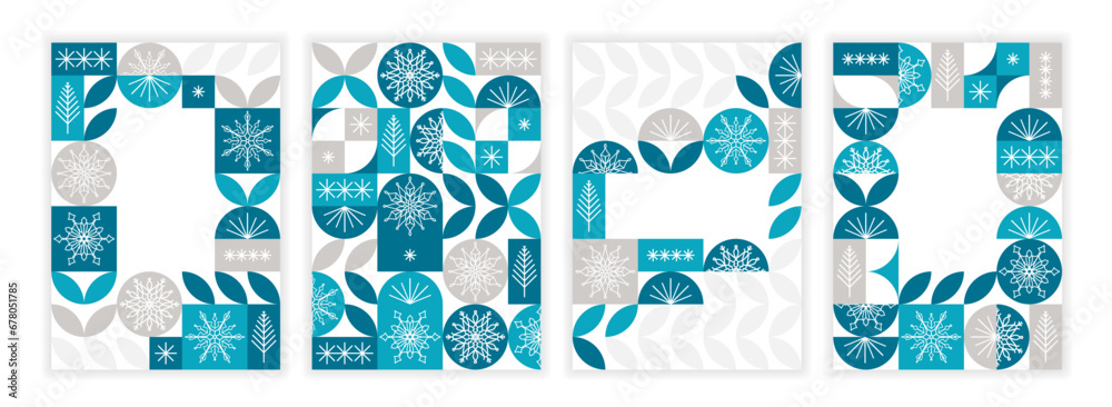 Set of Christmas banners with geometric pattern in blue colors, snowflakes and Christmas trees
