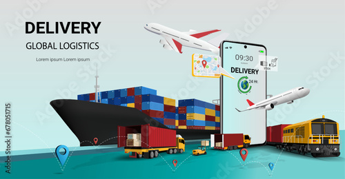 Global logistics. Online Global business delivery logistics service on mobile. rail transportation, Train, Freight Ship, cargo plane, truck, warehouse, container transport. 3d Vector illustration