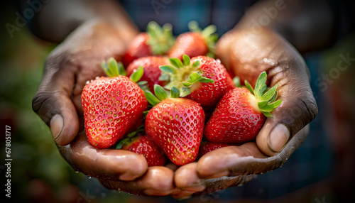 Close-up of two wrinkled hands (cupped hands full of fresh strawberries) of a farmer showing the harvest of red strawberries wet with dew.  photo