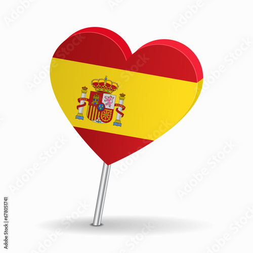 Spanish flag heart-shaped map pointer layout. Vector illustration.