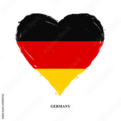 Vector Germany flag in heart shape with grunge texture. Heart shaped German flag isolated on white background. Beautiful design country flag of Germany for banner, poster, sticker, print. Vector