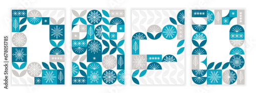Set of Christmas banners with geometric pattern in blue colors, snowflakes and Christmas trees 